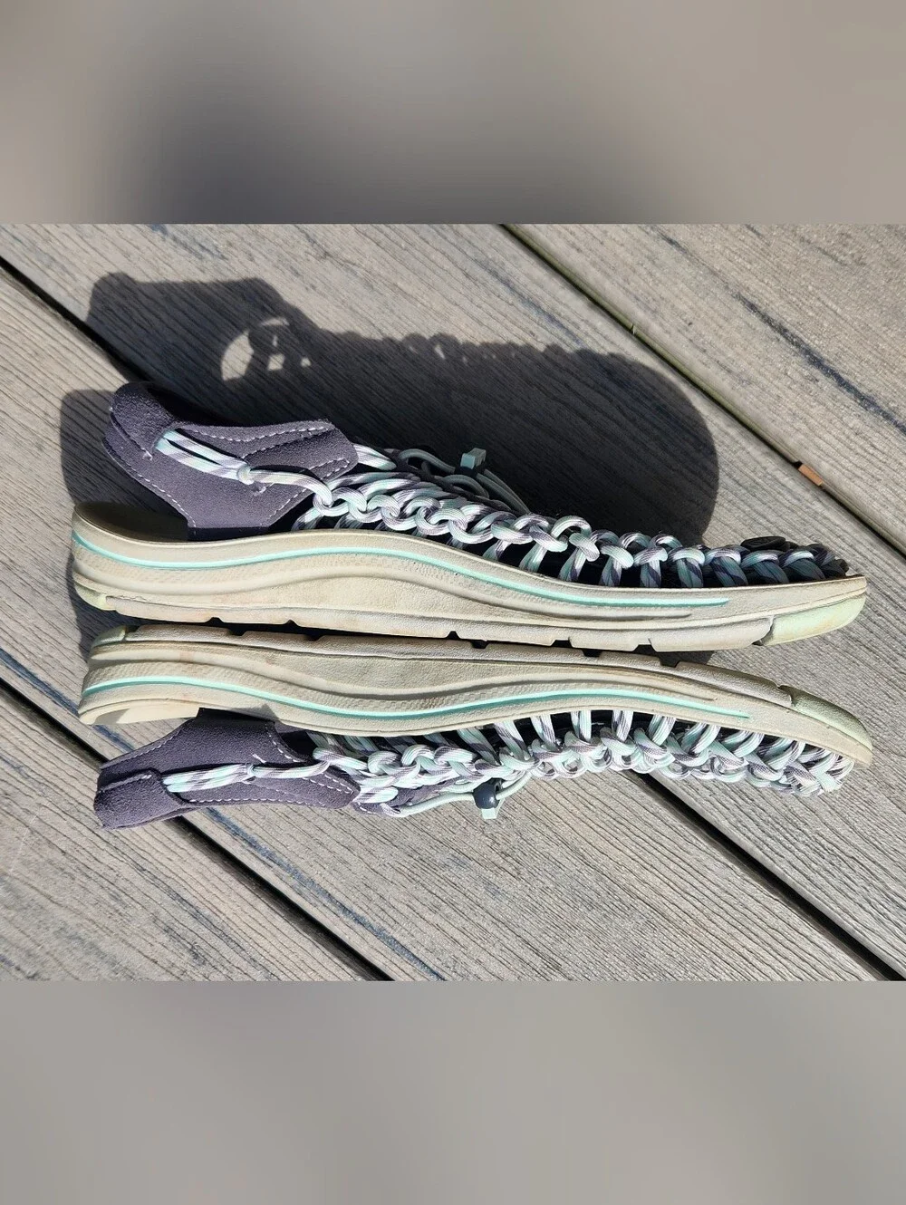 KEEN Womens UNEEK Braided Sandals in Dark Gray and Light Mint